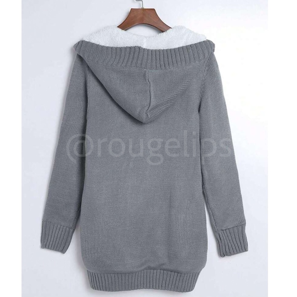 Sherpa Grey Knit Hooded Cardigan Front Pockets Long Sleeves Hip Length Buttoned - Picture 8 of 17